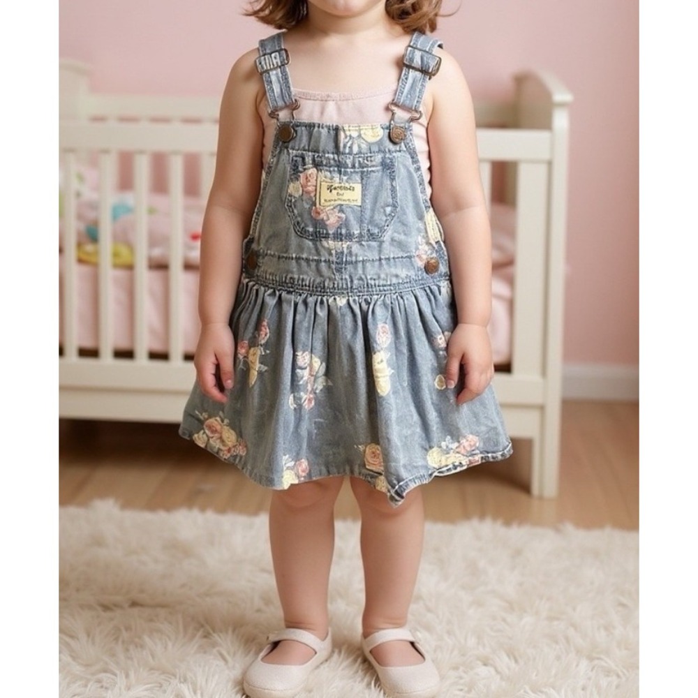 OshKosh Bgosh Girls Blue Denim Floral Rose Print Bib Overall Jumper Dress 2T EUC